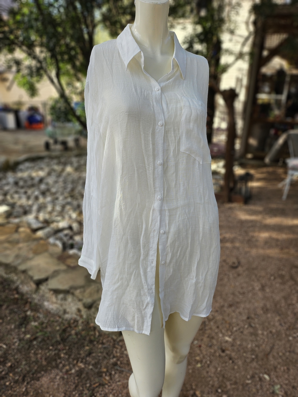 Women’s White Button-Front Longline Sheer Viscose Sexy  Shirt L